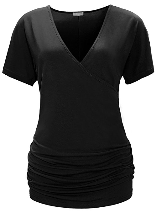 Bulotus Women's Sexy V Neck Short Sleeve Wrap Front Side Shirring Blouse Top