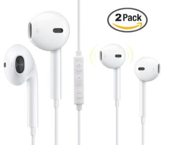 2 Pack Premium Earphones Earbuds Headphones with Stereo Mic & Remote Control for iPhone, iPad, iPod and More - White