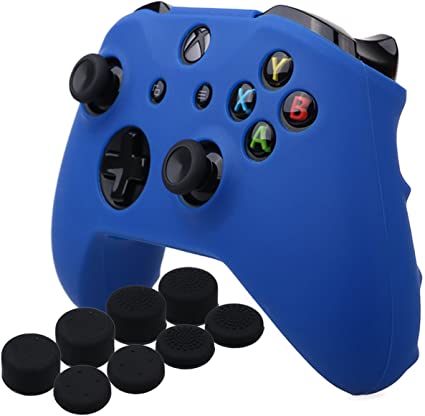 YoRHa Silicone Cover Skin Case for Microsoft Xbox One S Controller x 1(Blue) with Pro Thumb Grips 8 Pieces