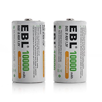 EBL D Rechargeable Batteries 2 Pack 10000mAh Ni-Mh D Size D Cell 1200 Cycle (Battery Case Included)