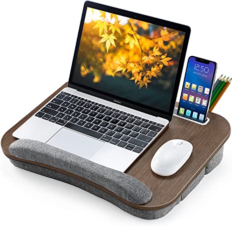 Lap Desk Height Adjustable - Fits up to 15.6 inch Laptop Ohuhu Portable Wood Lap Laptop Desk with Soft Pillow Cushion Anti-Slip Strip & Storage for Notebook MacBook Tablet Laptop Stand, Brown