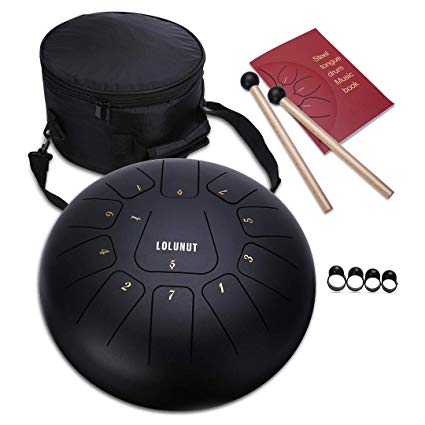LOLUNUT Steel Tongue Drum Percussion Instruments with Music Score 11 Notes 10 Inches, Applicable to Music Education, Mind Healing, Yoga Meditation (black)