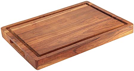 Kaizen Casa Large Reversible Multipurpose Thick Acacia Wood Cutting Board: 16x12x1.5 Juice Groove & Cracker Holder