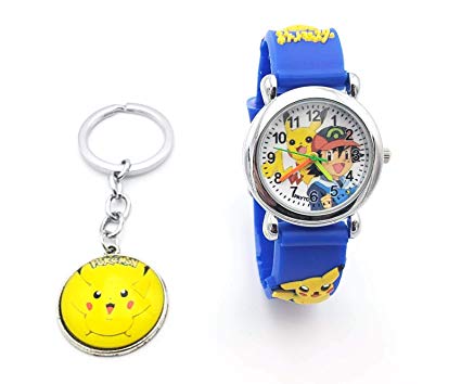 Pokemon Kids Watch Pikachu Watch and Matching Keychain, Silicone Wristwatch Gift Set for Kids, Boys or Girls (Blue Key)