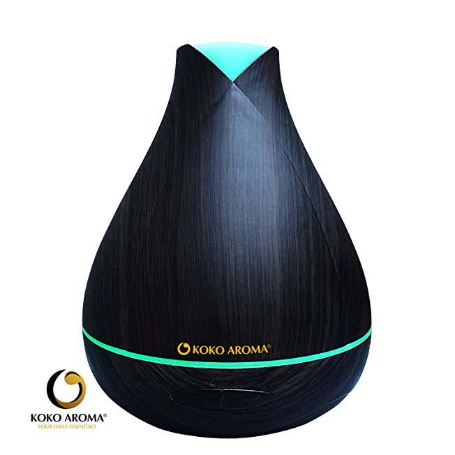 530ml Aromatherapy Ultrasonic Essential Oil Wood Grain Diffuser Burner – Zen Mist, Lasts 15 Hours, 14 LED Lights by KOKO AROMA (Dark Wood 530ml)