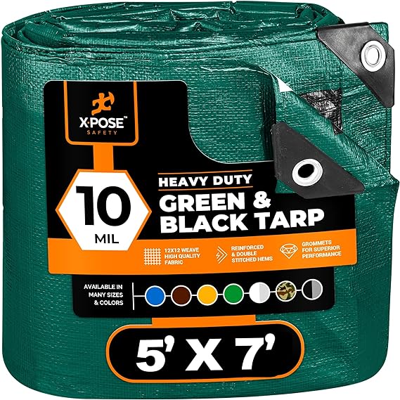Heavy Duty Poly Tarp - 5' X 7' - 10 Mil Thick Waterproof, UV Blocking Protective Cover - Reversible Green and Black - Laminated Coating - Grommets - by Xpose Safety
