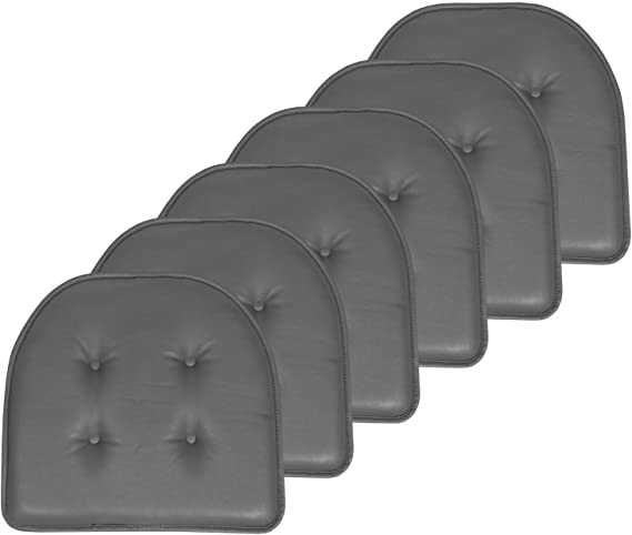 Sweet Home Collection Chair Cushion Memory Foam Pads Upholstered Non Skid Rubber Back U-Shaped 17" x 16" Seat Cover, 6 Pack, Faux Leather Gray