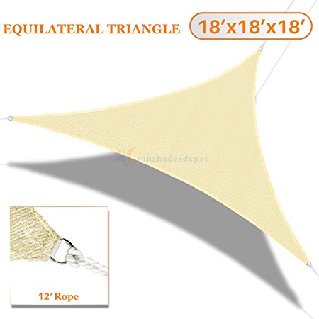 Sunshades Depot 18' x18' x18' Sun Shade Sail 180 GSM Equilateral Triangle Permeable Canopy Tan Beige Custom Size Available Commercial Standard