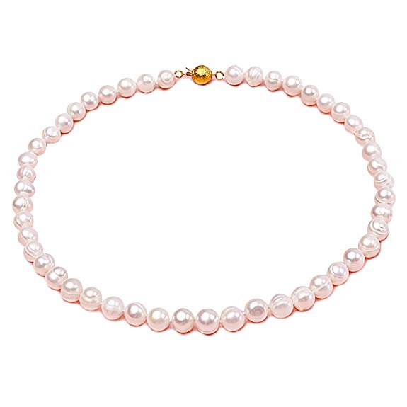 JYX 7-8mm Oval Natural White/Pink Freshwater Cultured Pearl Necklace 17"