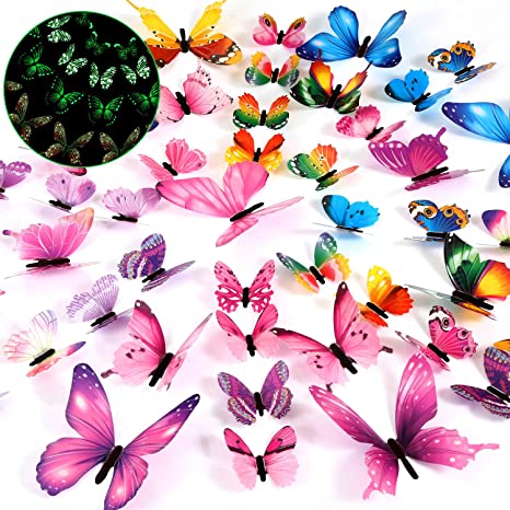 48 Pieces Luminous 3D Glow in The Dark Butterfly Wall Decors Decal Removable Ceiling Butterfly Stickers DIY Art Crafts for Nursery Living Room Bedroom Home Decoration (Pink, Purple, Multi-Colors)