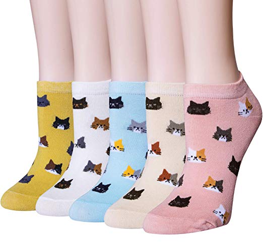 Justay 5 Pairs Womens Cute Ankle Socks Fun Novelty Animal Cat No Show Socks