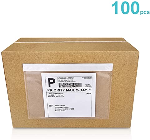 Mionno 7.5" x5.5" Clear Strong Adhesive Invoice Enclosed Pouches, 100pcs Packing List/Shipping Label Envelopes Pouches for Mailing Shipping Business (Long Side Loading)