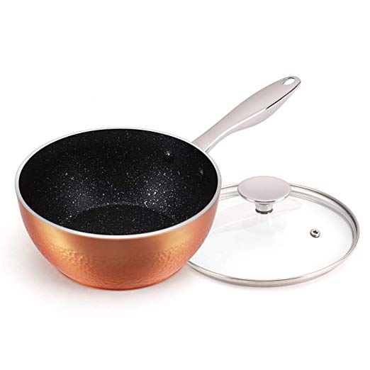 MICHELANGELO 1.5 Quart Sauce Pan with Lid, Small Copper Saucepan with Nonstick Stone Interior Coating & Hammering Exterior