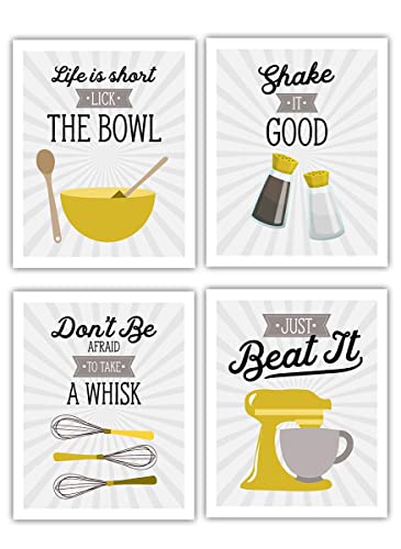 Yellow Retro Vintage Kitchen Wall Art Signs - Set of 4-8x10 UNFRAMED Gray, Gold & White Kitchen Utensil Prints Perfect for Rustic, Modern Farmhouse, Country Decor.