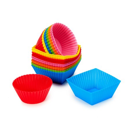 #1 Non Stick Square & Round Silicone Cupcake Cups 24 Pack - Rainbow Bright Standard Silicone Reusable Heat Resistant Baking Cups-Cupcake Molds/Liners-12 Square Molds & 12 Round Molds Total of 24