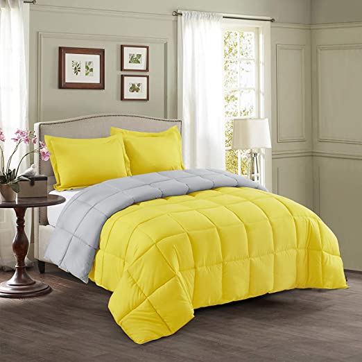 HIG 3-Piece All Season Reversible Yellow Down Alternative Comforter Set Twin - Baffle Channel Construction - 4 Corner Tab Design - 100% Bonded Filling - Breathable & Wrinkle Resistant Bedding Set