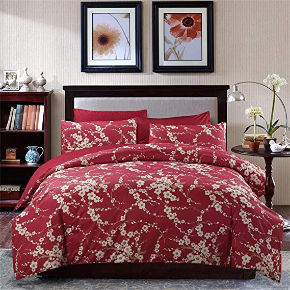 Brandream Japanese Oriental Style Cherry Red Blossom Floral Branches Print Duvet Quilt Cover 300tc Cotton Bedding 3 Piece Set (Queen)