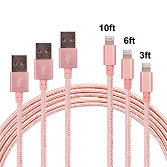ZOYOL 3Pack (3FT 6FT 10FT) [Apple MFI Certified]Nylon Braided iPhone Lighting to USB Cable Tangle Free Durable 8 Pin Charging cord and Sync Cable for iPhone 6/6s/5/5s/5c,iPad mini,Rose Gold