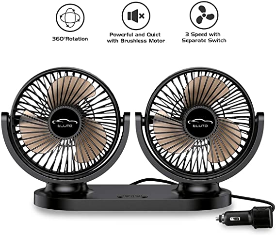 ELUTO Dual Head Car Fans Cigarette Lighter 12V/24V Fan Electric 3 Speed Car Cooling Fan 360 Degree Rotatable Car Fan for Car SUV RV Boat Auto Vehicles(5 Inches)