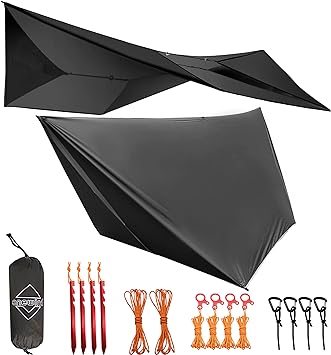 Onewind 11ft Hammock Tarp Rain Fly, 4000mm Waterproof Rate 4-Season Multiple Shelter Solution Camping Tarp, Lightweight, Waterproof, UV Resistant, Come with Complete Accessories, Dark Grey