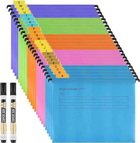 A4 Suspension Files,BOENFU 24 Pack Polypropylene for Suspension Files A4 Filing Cabinets with Tabs,Card Inserts and Erasable Pen for School Home Work Office Organization (24 Pack,5 Colors)