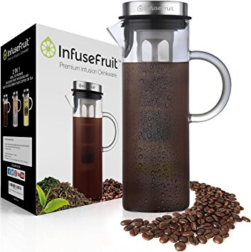 Cold Brew Coffee and Iced Tea Maker - Fruit Infusion Premium Glass Pitcher With Stainless Steel Lid - 2 Interchangeable Infuser Tubes - Large capacity 1.6 Quarts 52 ounces 1500ml