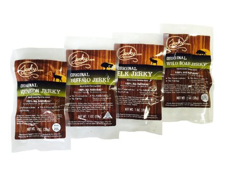 Classic Exotic Jerky Sampler Pack - TESTER 4 PACK - 4 Types of Wild Game Jerky Venison Jerky Buffalo Jerky Wild Boar Jerky and Elk Jerky - No Added Preservatives No Added Nitrates and No Added MSG - 4 total oz