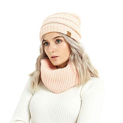 Aurya Winter Cable Knit Beanie Hat and Infinity Scarf Set,Men&Women Warm Skull Cap