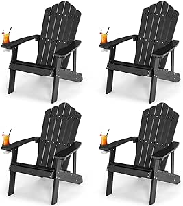 Giantex Outdoor Adirondack Chair - Oversized Patio Chairs w/Hidden Cup Holder, Realistic Wood Grain, 380 LBS Weight Capacity, Weather Resistant Firepit Chairs for Backyard, Garden (4, Black)