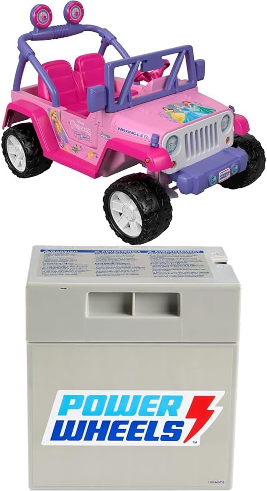 Bundle of Power Wheels Disney Princess Jeep Wrangler Ride-On Vehicle with Sounds and Character Phrases Plus Storage   Replacement Battery 12-Volt 12-Ah Rechargeable