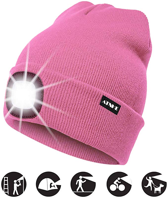 ATNKE LED Lighted Beanie Cap, USB Rechargeable Running Hat Ultra Bright 4 LED Waterproof Light Lamp and Flashing Alarm Headlamp Multi-Color