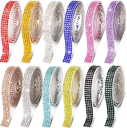 Crystal Rhinestone Diamond Ribbon Crystal Self Adhesive Ribbon Diamond Bling Ribbon Roll Rhinestone Ribbon DIY Decoration Sticker for DIY Crafts Wedding Party Decor (Elegant Colors, 12 Yards)