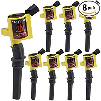 DG508 Ignition Coil 8 Pack High Energy Curved Boot Ignition Coil Pack for Ford Lincoln Mercury 4.6L 5.4L V8 Compatible with DG457 DG472 DG491 C1454 C1417 FD503,Yellow