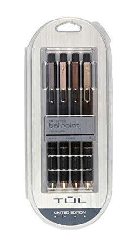 TUL Brilliance Pens, Ballpoint, Medium Point, 1.0 mm, Black Barrels, Black Ink, Pack of 4 Pens