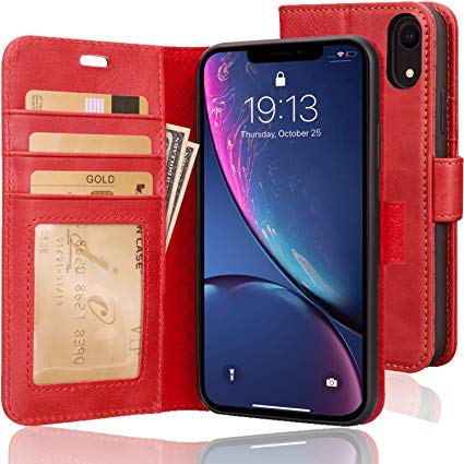 JISONCASE for Apple iPhone XR Wallet Case, Genuine Leather Flip Case with RFID Blocking,Card Slot Holder,Magnetic Closure & Kickstand,Slim & Shockproof Protective Wallet Case for iPhone XR, 6.1”,Red