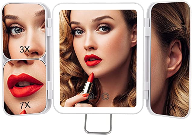 KDKD Travel Mirror Mini Trifold Lighted Makeup Mirror with 3 Colors Light Modes USB Rechargable Portable Ultra Thin Compact Vanity Mirror with Touch Screen Dimming for Cosmetic White