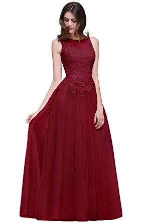 Babyonline Women Sheer Lace Illusion Back Evening Gowns Long Ball Gala Dress