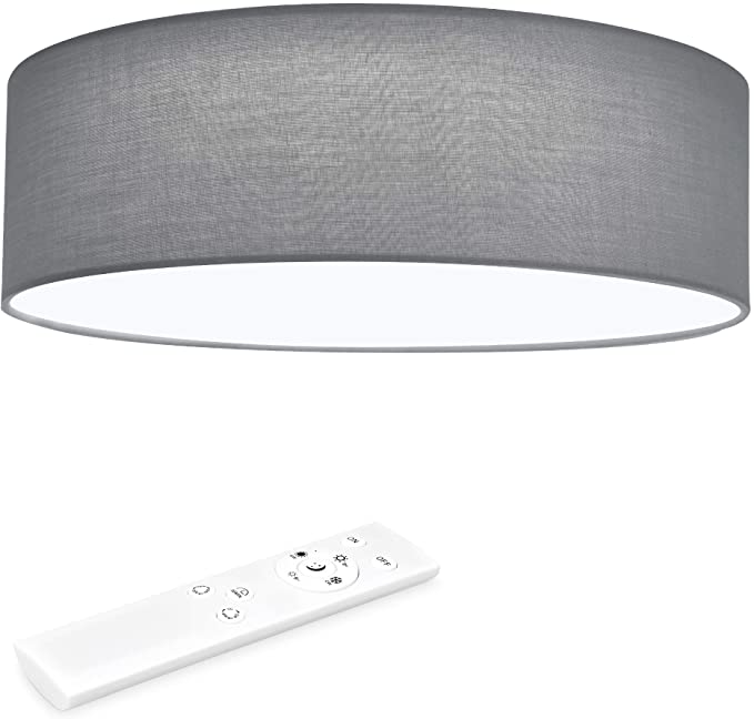 Navaris Flush Mount Ceiling Light - 15.75" Diameter Drum Lamp Shade LED Fixture with Remote Control for Bedroom, Living Room, Kitchen - Light Gray