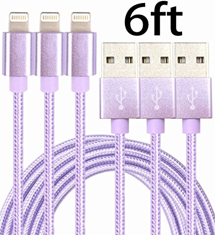 GOLDEN-NOOB 3Pack 6FT Nylon Braided Popular Lightning Cable 8Pin to USB Charging Cable Cord with Aluminum Heads for iPhone 6/6s/6 Plus/6s Plus/5/5c/5s/SE,iPad iPod Nano iPod Touch(Purple)
