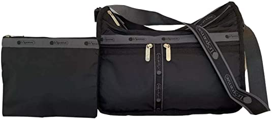 LeSportsac Heritage Jet Deluxe Everyday Crossbody Bag   Cosmetic Bag, Style 7507/Color F630, Heritage Collection, LeSportsac Logo Strap, 2 Tone Black/Dark Grey Trim, Modern Black Zipper