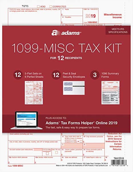 Adams 1099 MISC Forms 2019, 5 Part Tax Forms Kit, 12 Recipients Kit of Laser/Inkjet Forms, 3 1096 Summary Forms, 12 Self Seal Envelopes, Tax Forms Helper Online (TXA12518)