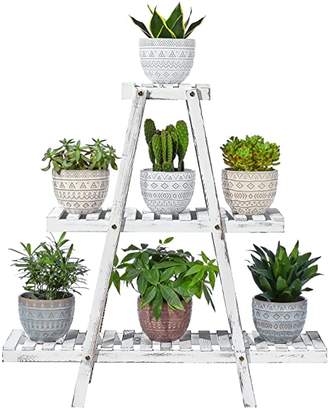 POTEY 3 Tier Wood Plant Stand, Ladder Plant Stand Tiered Plant Shelf for Multiple Plants, Indoor & Outdoor Flower Pots Whtie