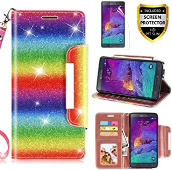 Galaxy Note 4 Case, with Screen Protector, TPU   Leather Bling Glitter Flip Wallet Case with Kickstand Credit Card Holder Slot for Girls/Women for Samsung Galaxy Note 4 (Colorful)