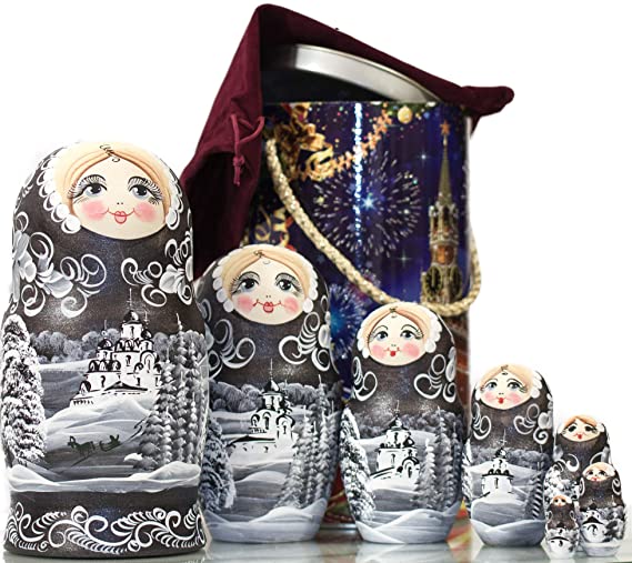 Russian Nesting Doll - Winter`s Tale - Hand Painted in Russia - Moscow Kremlin Gift Box - Wooden Decoration Gift Doll - Traditional Matryoshka Babushka (8`` (7 Dolls in 1), Silver Night)