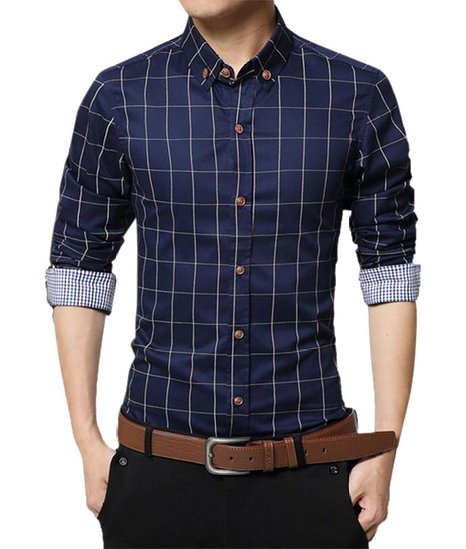 Zicac Men's Mercerized Cotton Slim Fit Plaid Shirt Button Down Shirts