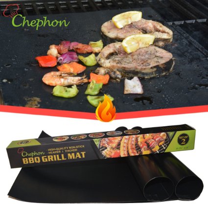 Chephon(TM) Premium Grill Mat - Heavy Duty Reusable Non-Stick BBQ Sheet for Easy Grilling | LifeTime Guarantee, Set of 2 | Great for Gas Charcoal Electric Grills