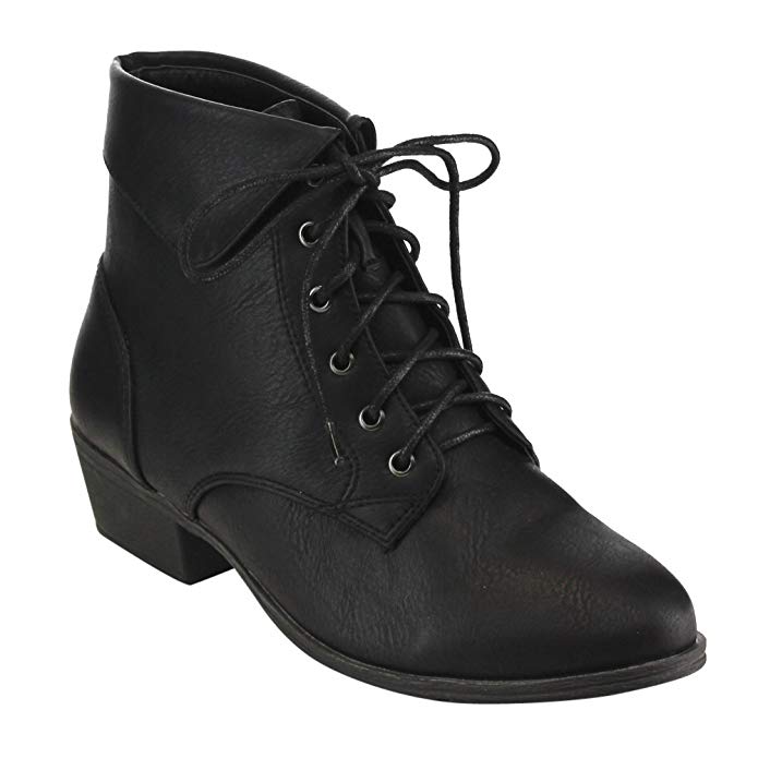 Top Moda EC89 Women's Foldover Lace up Low Chunky Heel Ankle Booties