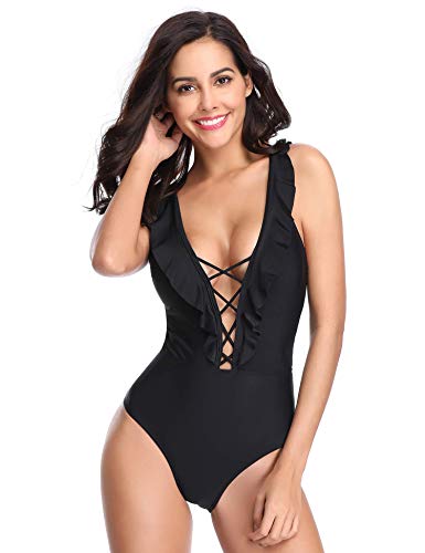 MarinaVida Swimsuits for Women One Piece Deep V Neck Monokini Bathing Suit with Flounces