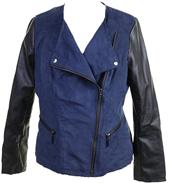 Alfani Women's Peite Blue & Black Faux Suede & Leather Biker Jacket PL