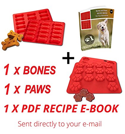 Laminas Dog Paws & Bones Silicone Baking Molds   RECIPE DIGITAL EBOOK, 2 Pack Dogs Paw-Shaped Treats Baked Gelatine, Candy, Chocolate, Ice Treat for Puppy Lovers, Kids, Pets - Food Grade Material